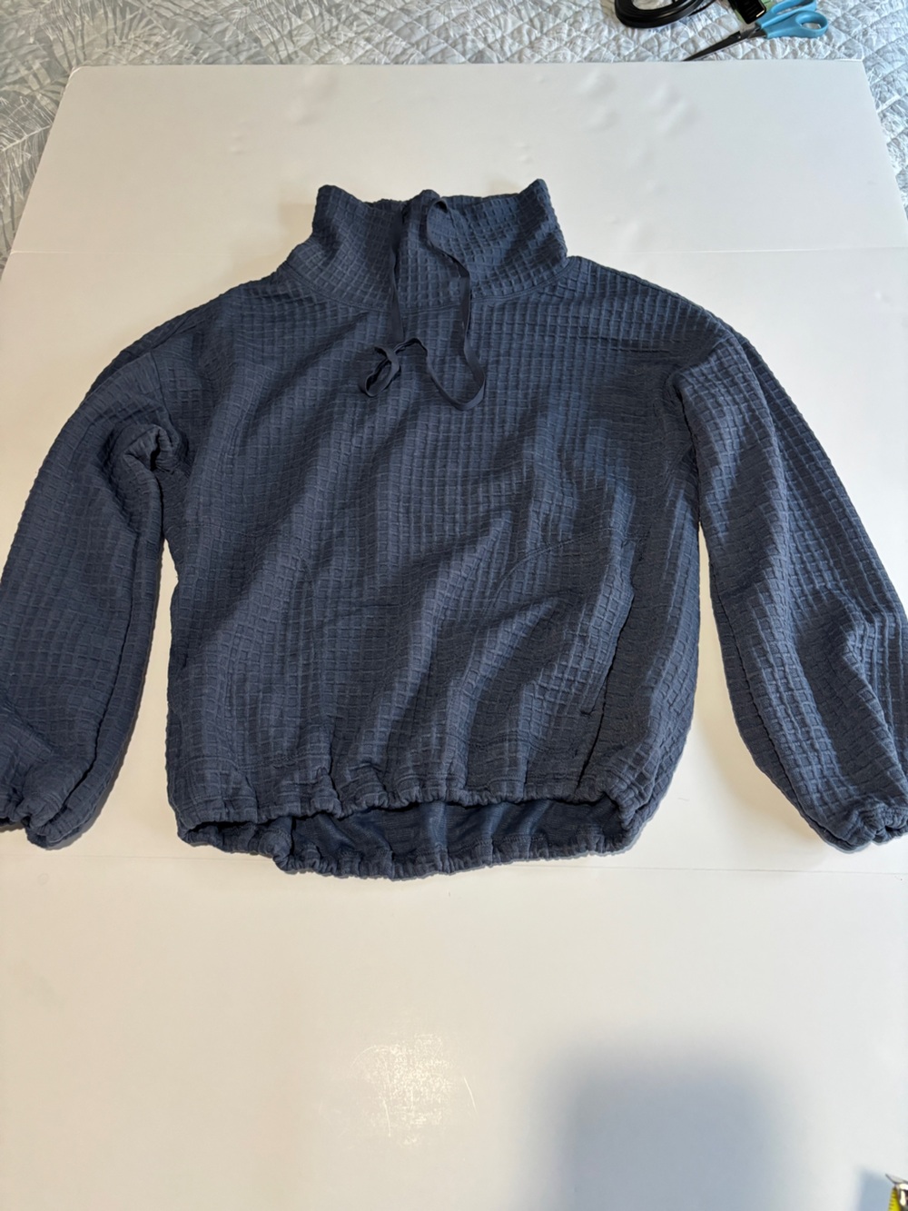 Max Studio Denim Blue Textured Waffle Funnel Neck Pullover Top NWT - Small